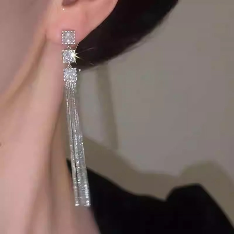 Silver Long Tassel Earrings with Square Zircon