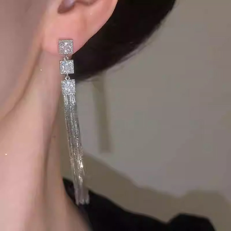 Silver Long Tassel Earrings with Square Zircon