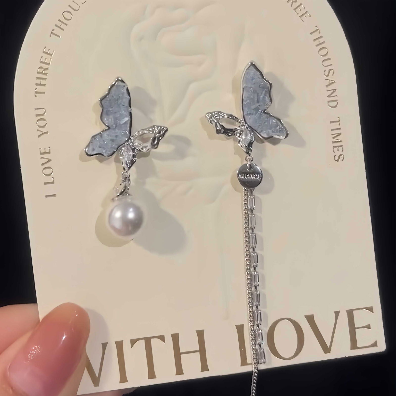 Asymmetric Blue Butterfly Pearl Earrings - Remellia