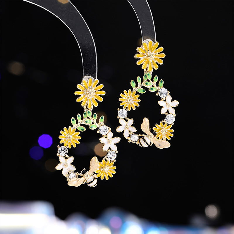 French-Inspired Daisy Drop Earrings with Enamel Detailing - Remellia