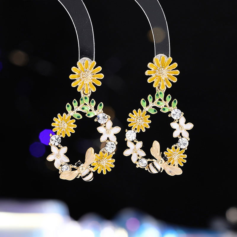 French-Inspired Daisy Drop Earrings with Enamel Detailing - Remellia