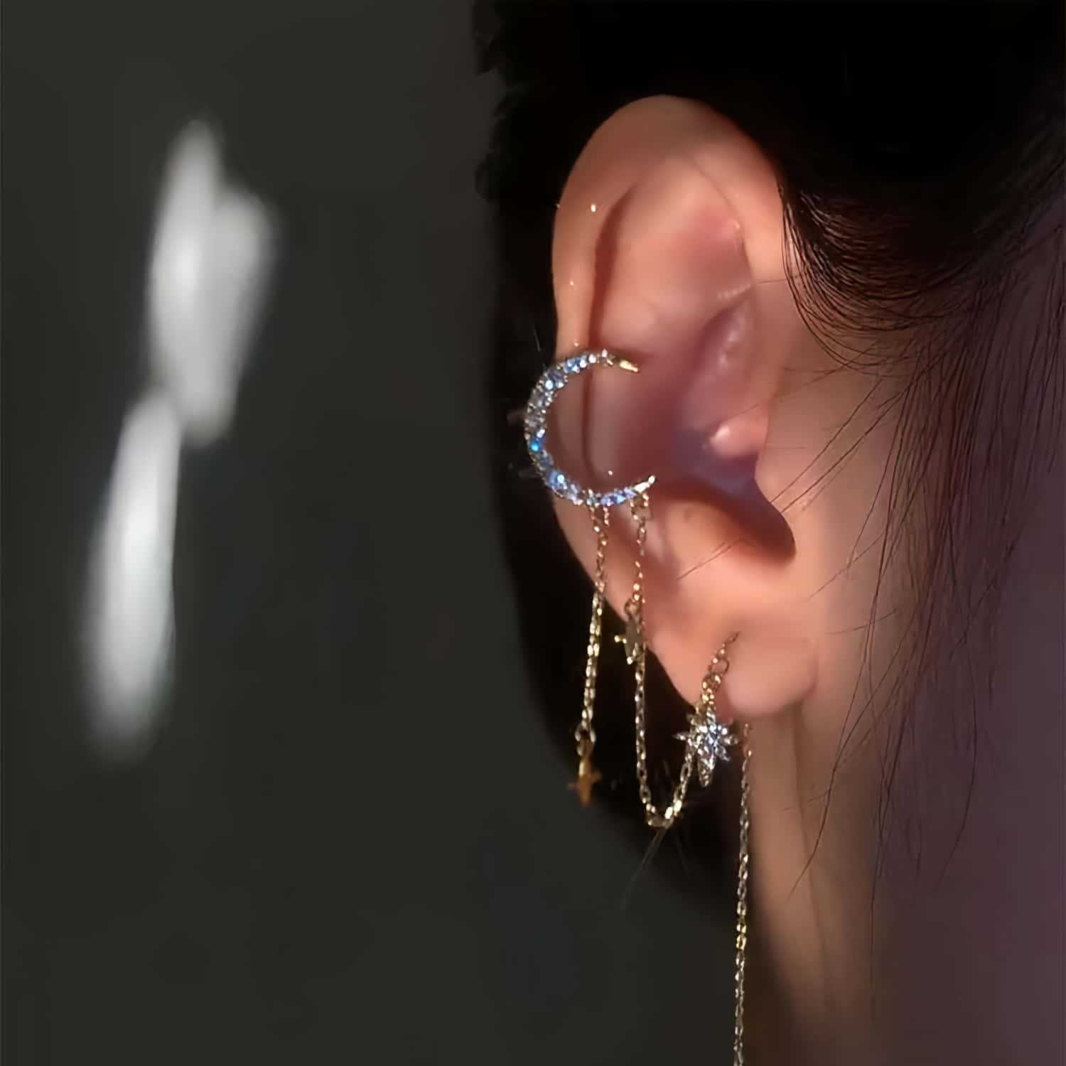 STAR AND MOON THIN CHAIN TASSEL EARCLIP - Remellia