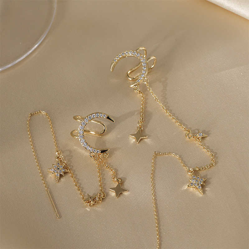 STAR AND MOON THIN CHAIN TASSEL EARCLIP - Remellia