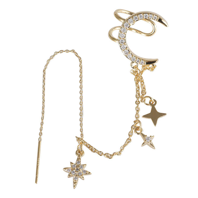 STAR AND MOON THIN CHAIN TASSEL EARCLIP - Remellia