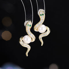 Snake-Shaped Zircon Pearl Stud Earrings - Remellia