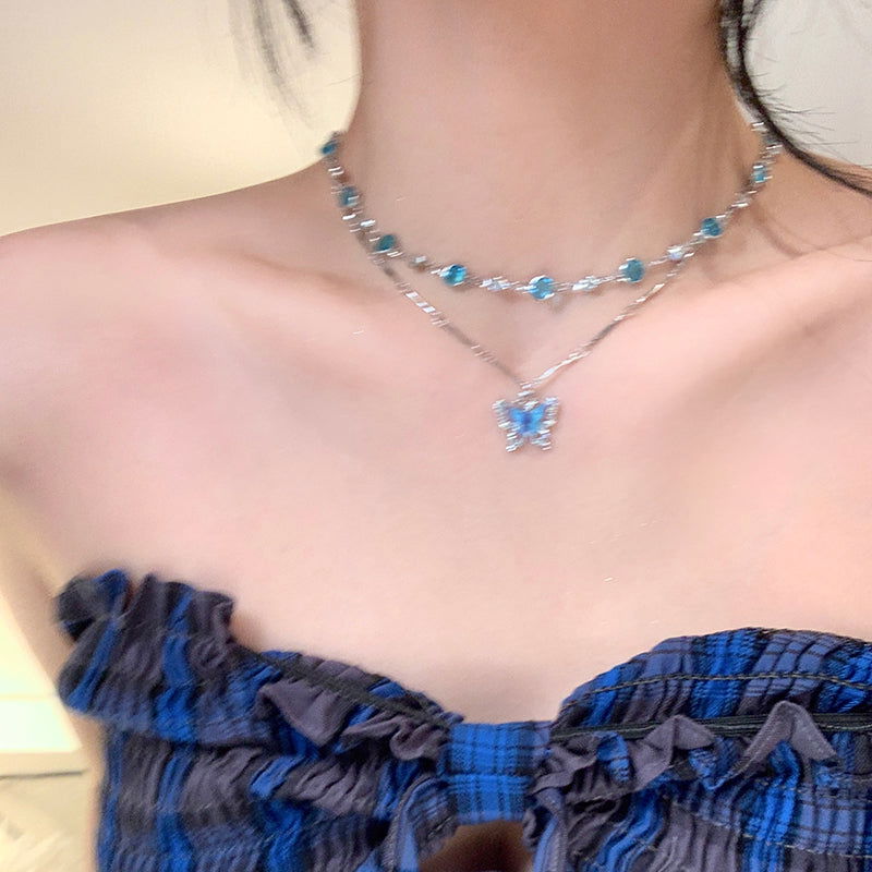 Sweet Blue Butterfly Double-Layer Necklace - Remellia