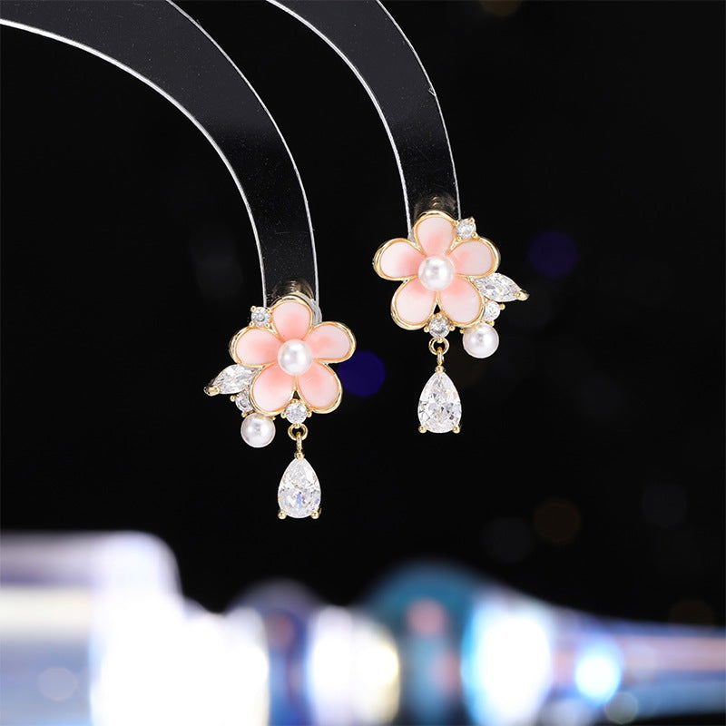 Sweet Geometric Cherry Blossom Pearl Stud Earrings - Remellia