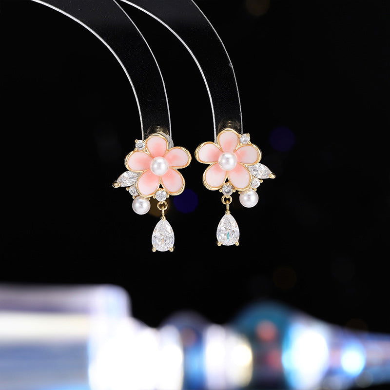 Sweet Geometric Cherry Blossom Pearl Stud Earrings - Remellia