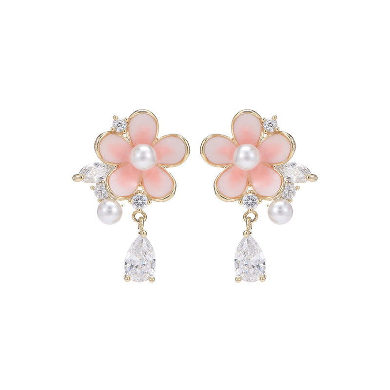 Sweet Geometric Cherry Blossom Pearl Stud Earrings - Remellia