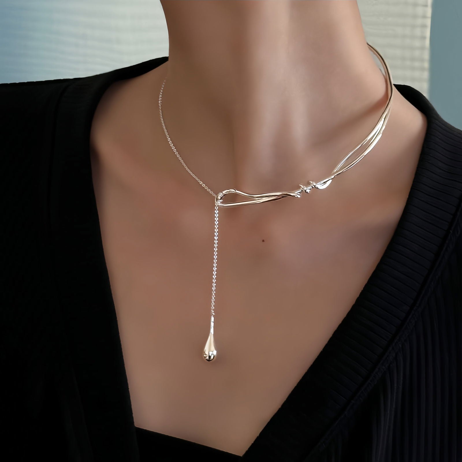 WATER DROPLET PENDANT COLLARBONE CHAIN - Remellia